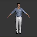 Men's Casual Blue Checkered Shirt With White Pants And Leather Shoes