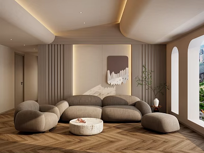 Modern Cozy Living Room Interior With Curved Sofa Round Coffee Table And Decorative Artwork 3d model