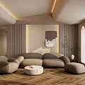 Modern Cozy Living Room Interior With Curved Sofa Round Coffee Table And Decorative Artwork