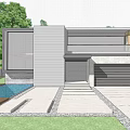Modern Two Story Detached Villa With Large Windows Wooden Elements Garage Red Car And Lawn