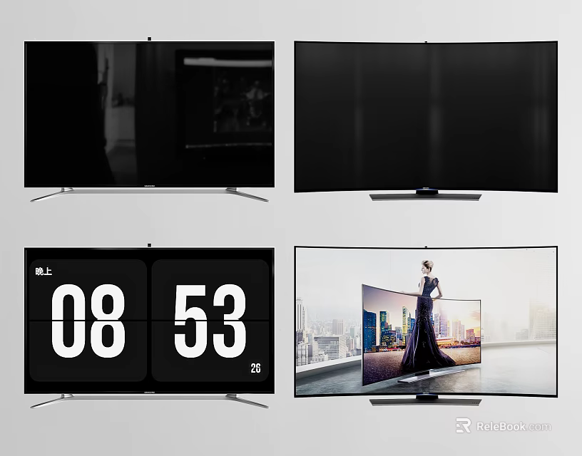Ultra Thin Modern Smart TVs Featuring Curved Screen Digital Clock Urban Landscape And Figure 3d model 