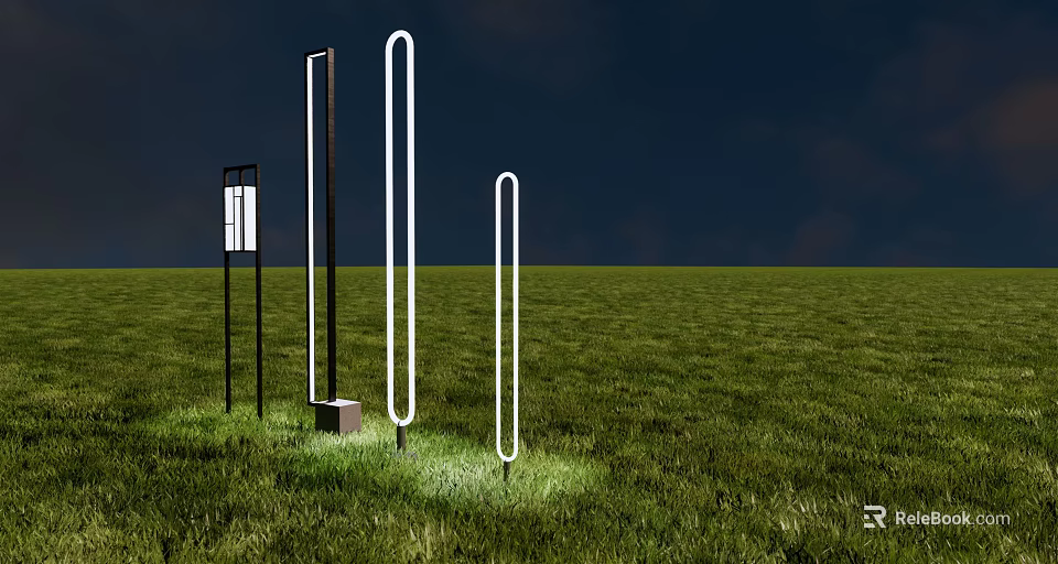 Illuminated Modern Outdoor Lights on Green Grass Night Scene with Various Vertical Shapes 3d model 