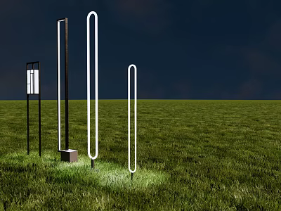 Illuminated Modern Outdoor Lights on Green Grass Night Scene with Various Vertical Shapes 3d model