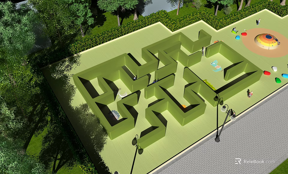 Fun Playground With Green Maze Design Surrounded By Trees And Lawn 3d model 