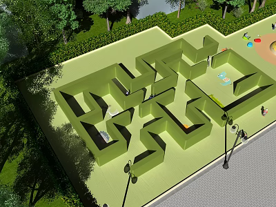 Fun Playground With Green Maze Design Surrounded By Trees And Lawn 3d model
