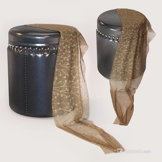 Black Leather Stool Featuring Round Top Riveted Details and Golden Scarf 3d model 