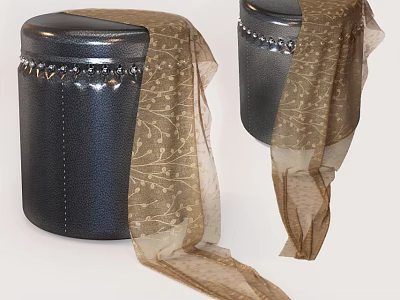 Black Leather Stool Featuring Round Top Riveted Details and Golden Scarf 3d model