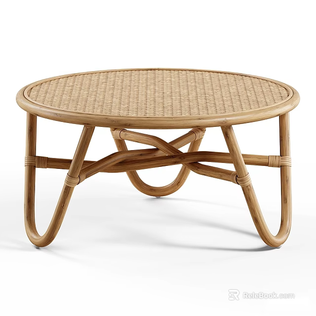 Round Rattan Coffee Table With Wooden Frame And Crossed Leg Design 3d model 