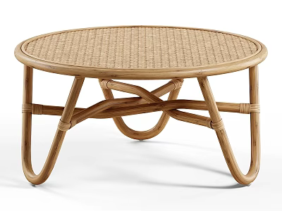 Round Rattan Coffee Table With Wooden Frame And Crossed Leg Design 3d model