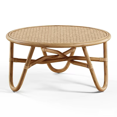 Round Rattan Coffee Table With Wooden Frame And Crossed Leg Design 3d model