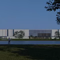 Modern Industrial Factory Building Featuring Glass Curtain Wall Blue Stripes and Greenery Under Blue Sky