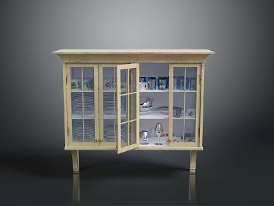 Traditional Wooden Cabinet With Open Glass Doors Displaying Dishes And Cups 3d model