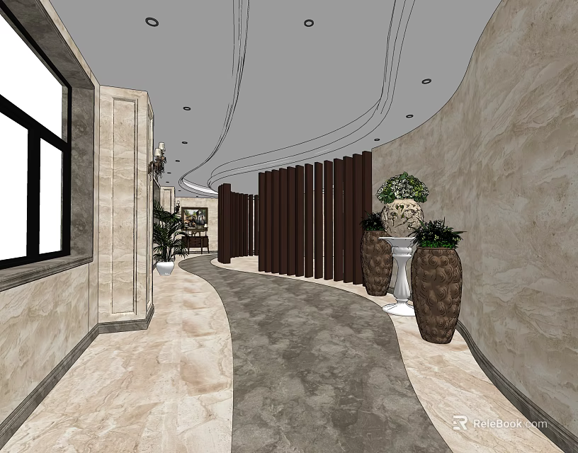 Modern Elevator Corridor With Marble Walls Wooden Partitions Curved Ceiling And Recessed Lighting 3d model 