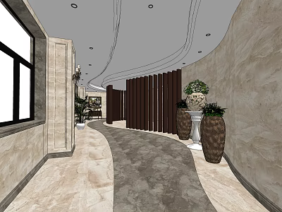 Modern Elevator Corridor With Marble Walls Wooden Partitions Curved Ceiling And Recessed Lighting 3d model