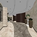 Modern Elevator Corridor With Marble Walls Wooden Partitions Curved Ceiling And Recessed Lighting