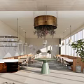 Modern Restaurant Interior With Open Space Round Pendant Lights Plant Decorations And Large Windows