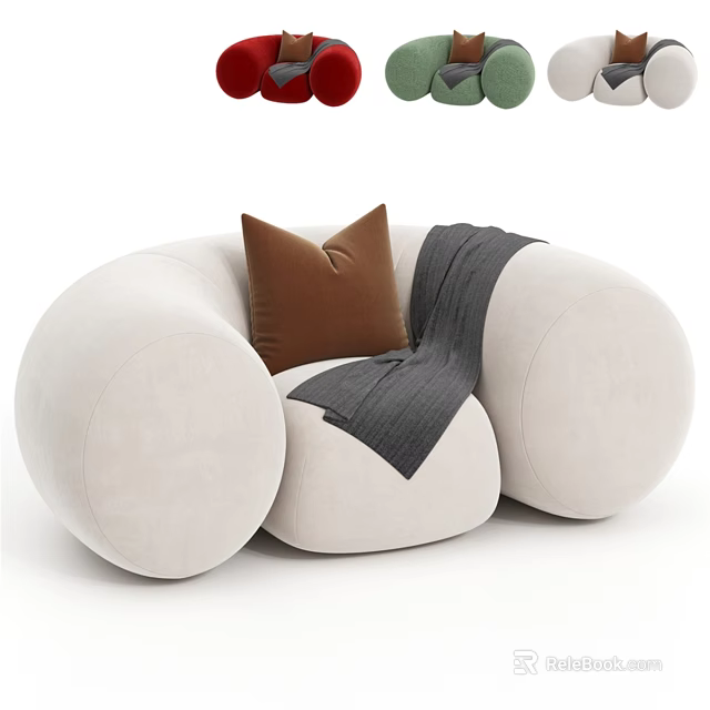 Modern Beige Round Shaped Accent Chair with Brown Pillow and Gray Throw 3d model 