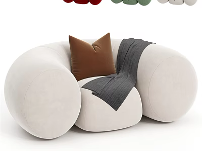 Modern Beige Round Shaped Accent Chair with Brown Pillow and Gray Throw 3d model