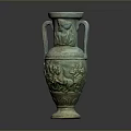 Green Ceramic Sculpted Vase With Two Handles And Intricate Carved Patterns