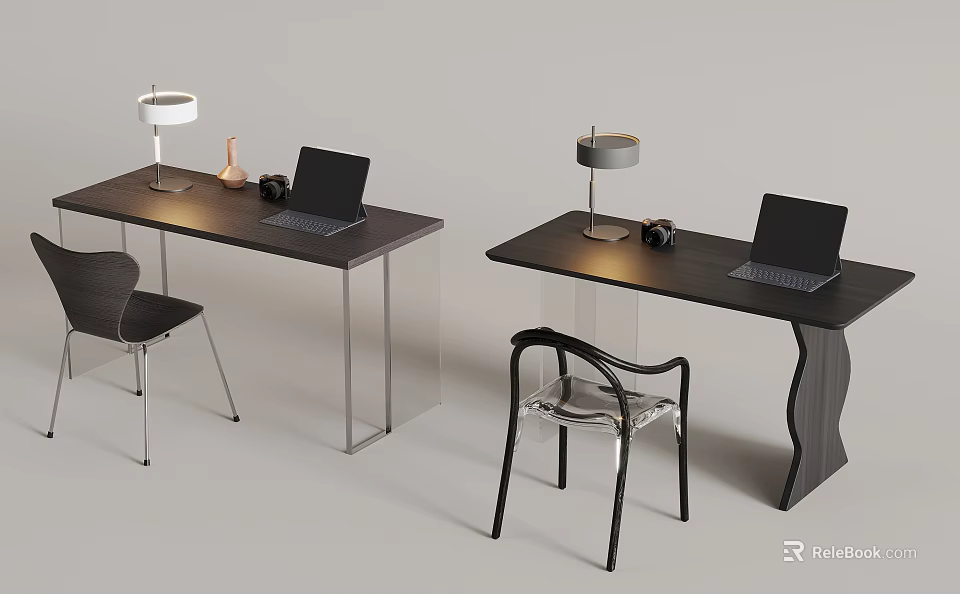 Modern Work Desks With Laptops Table Lamps And Comfortable Chairs Setup 3d model 