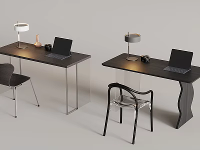 Modern Work Desks With Laptops Table Lamps And Comfortable Chairs Setup 3d model