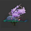 Cartoon Fantasy Scene With Purple Tree Pink Leaves And Glowing Sparkles On Green Floating Platform