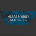 Rustic Blue Metal Container With Obras Divinity Text And Debris Inside