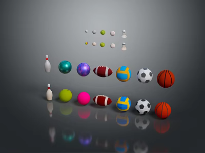 Assorted Sports Equipment Display With Various Balls And Bowling Pins 3d model