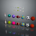 Assorted Sports Equipment Display With Various Balls And Bowling Pins