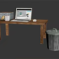 Wooden Desk Setup With Laptop Books Mouse And Trash Can In Room