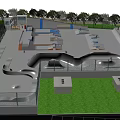 Skate Park Fitness Facilities With Ramps Obstacles Trees Fencing And Parking Lot