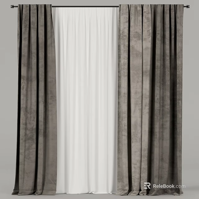 Elegant Layered Curtains With Gray Velvet Panels And White Sheer Lining 3d model 