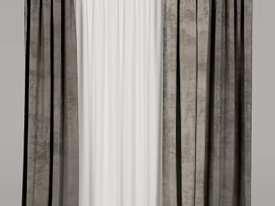 Elegant Layered Curtains With Gray Velvet Panels And White Sheer Lining 3d model