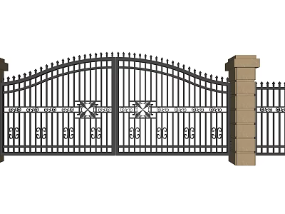 Wrought Iron Entrance Gate With Double Leaf Design And X Shaped Patterns On Stone Pillars 3d model