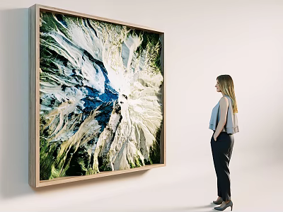Large Wall Decor Natural Landscape Artwork With Wooden Frame In Modern Interior And Standing Woman 3d model