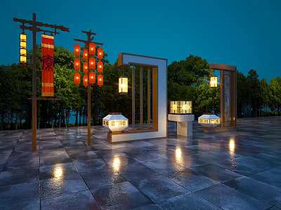 Decorative Outdoor Lights with Chinese Lanterns Pillars and Gate Structures Illuminating Nighttime Stone Path 3d model