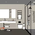 Modern Bathroom Interior With Double Sink Vanity Large Mirror Glass Shower And Storage Cabinets