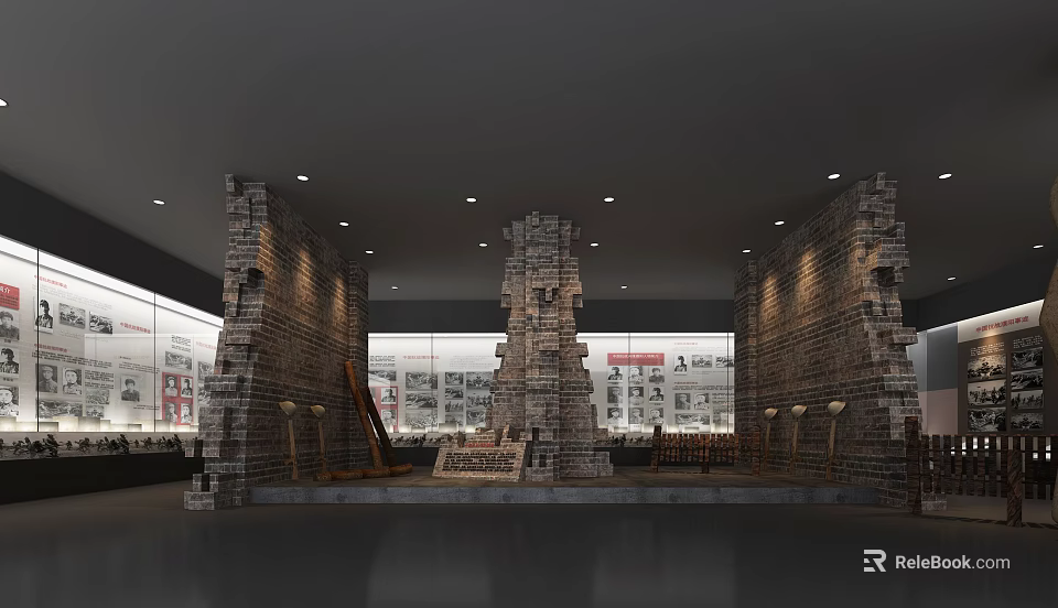 Exhibition Hall Interior With Brick Walls Display Windows Exhibits And Lighting 3d model 