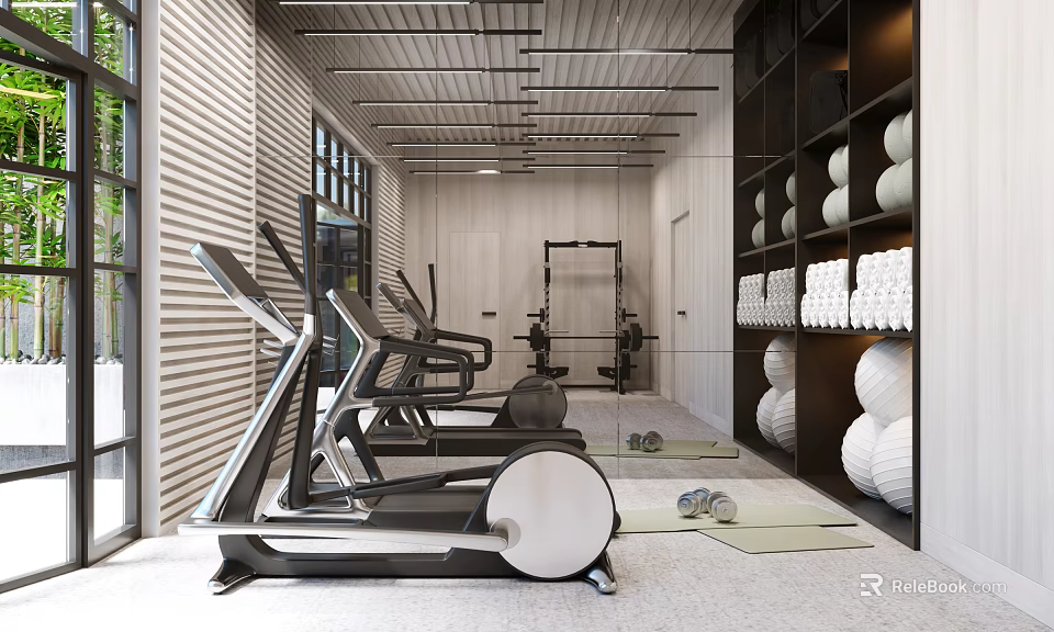 Modern Gym Interior With Treadmills Fitness Equipment Yoga Mats And Medicine Balls 3d model 