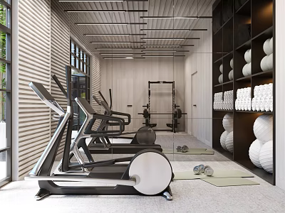 Modern Gym Interior With Treadmills Fitness Equipment Yoga Mats And Medicine Balls 3d model