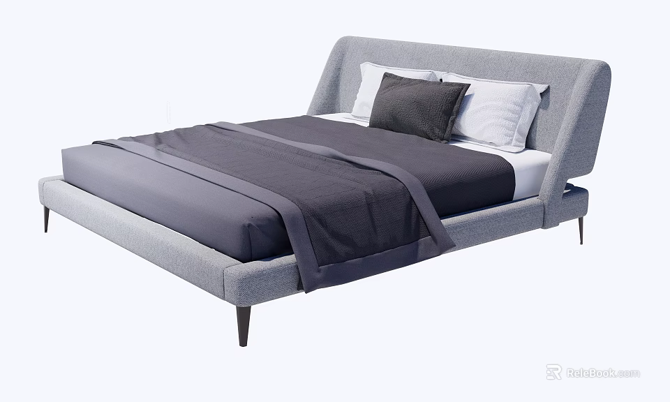 Modern Gray Upholstered Double Bed With Sleek Headboard Dark Blanket White Pillows 3d model