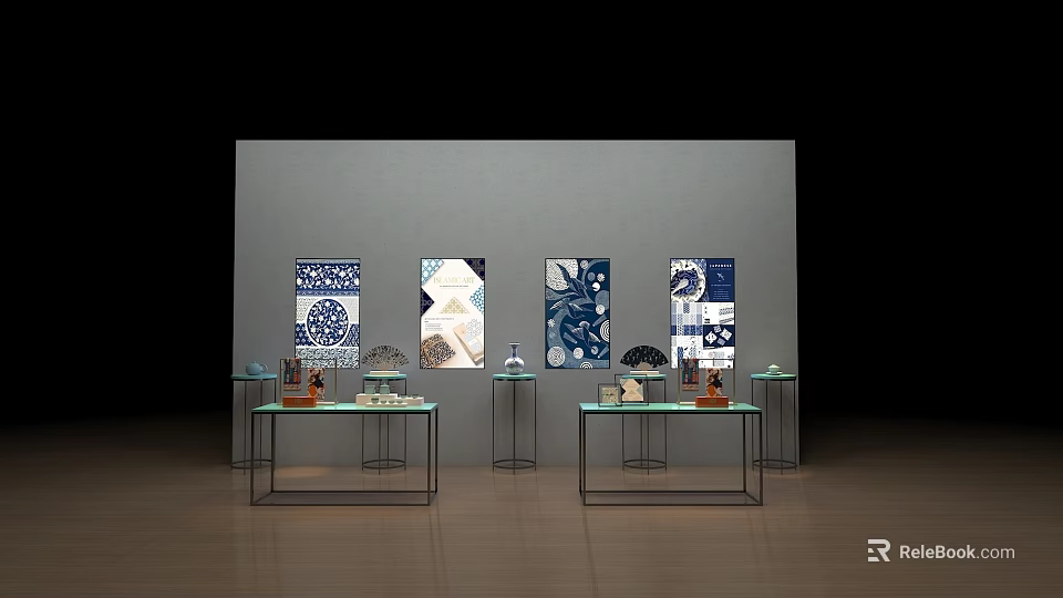 Modern Display Shelves With Glass Countertops Displaying Decorative Items And Blue White Paintings 3d model 