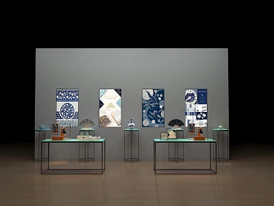 Modern Display Shelves With Glass Countertops Displaying Decorative Items And Blue White Paintings 3d model
