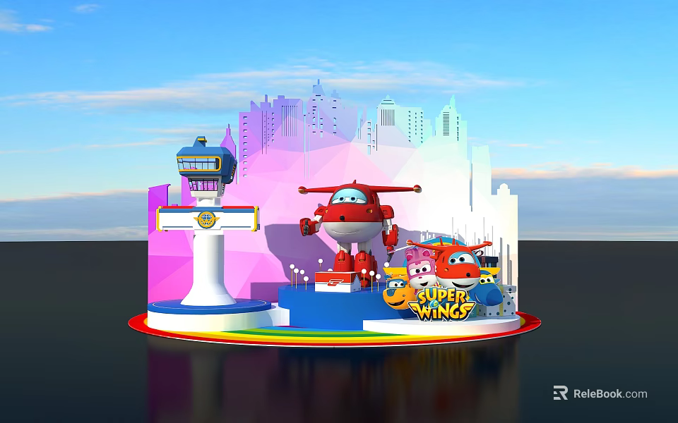 Super Wings Cartoon Scene With Red Airplane Control Tower And Cityscape 3d model 