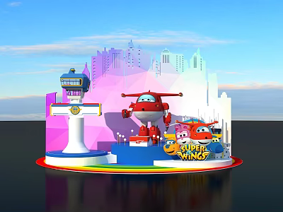 Super Wings Cartoon Scene With Red Airplane Control Tower And Cityscape 3d model