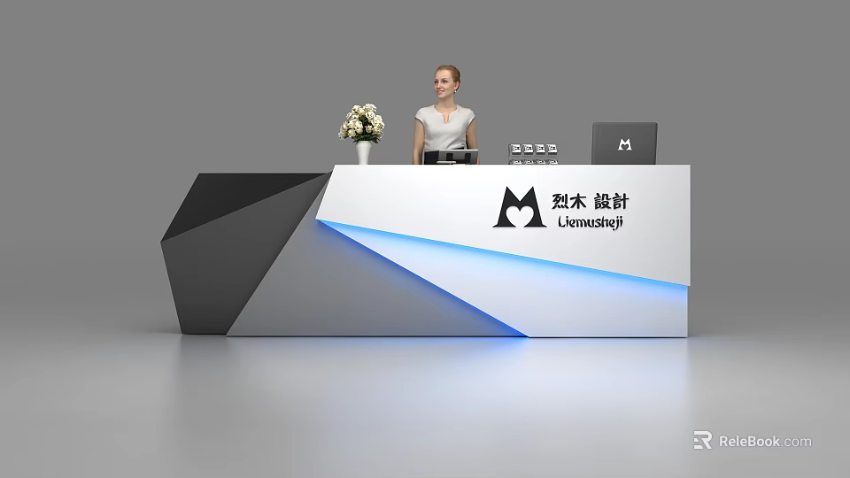 Modern Reception Desk With Black Gray Design Blue Lighting Flower Vase Laptop And Lenmusiqi Logo 3d model 