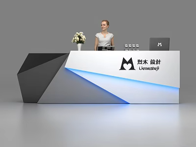 Modern Reception Desk With Black Gray Design Blue Lighting Flower Vase Laptop And Lenmusiqi Logo 3d model