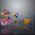 Vintage Ice Cream Cart Scene With Awning Menu Board Balloons Bench And Street Lamp