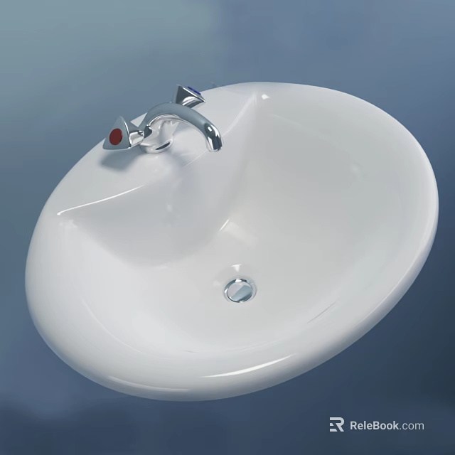 White Oval Shaped Washbasin With Modern Faucet And Red Accent Detail 3d model 