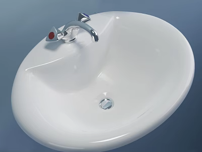 White Oval Shaped Washbasin With Modern Faucet And Red Accent Detail 3d model
